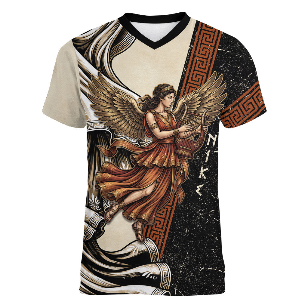 Nike Goddess Women V-Neck T-Shirt Winged Goddess Lyre Instrument And Greek Key