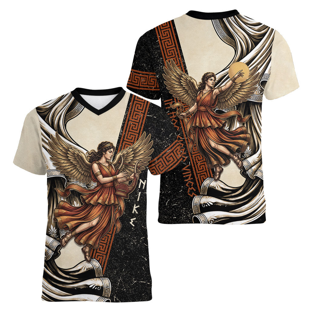 Nike Goddess Women V-Neck T-Shirt Winged Goddess Lyre Instrument And Greek Key