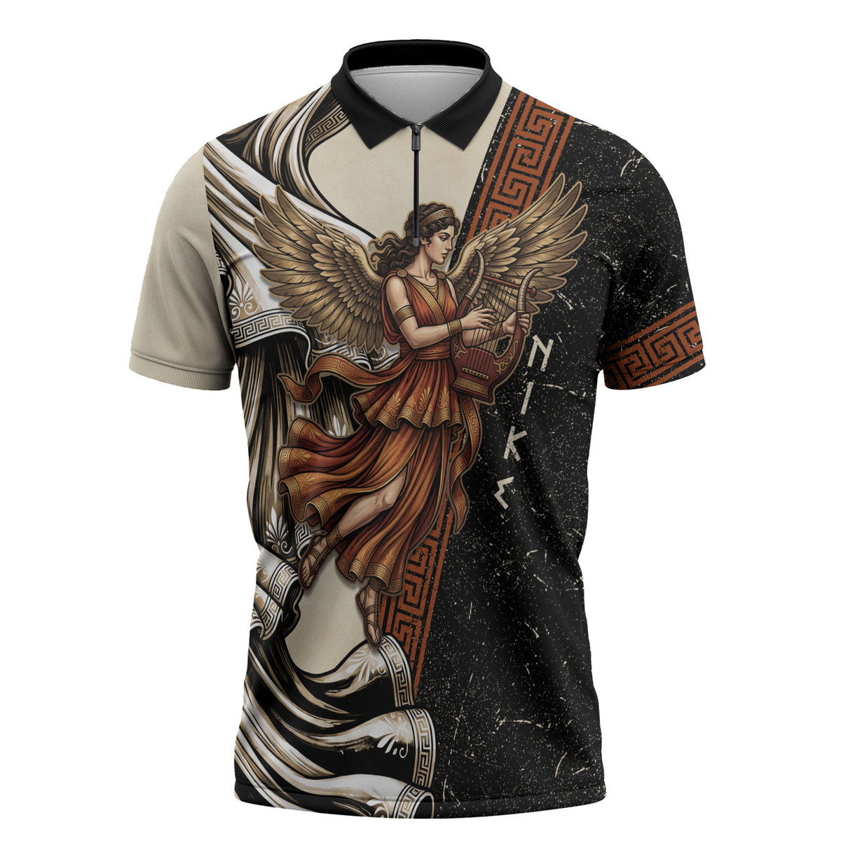 Nike Goddess Zipper Polo Shirt Winged Goddess Lyre Instrument And Greek Key