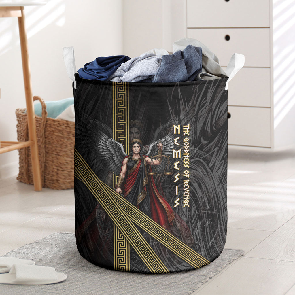 Nemesis Goddess Of Revenge Laundry Basket Winged Nemesis Scales Of Justice - Gold Greek Key