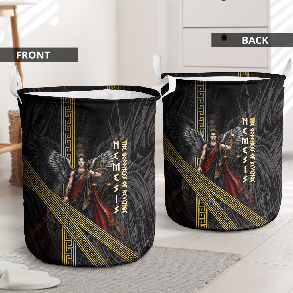 Nemesis Goddess Of Revenge Laundry Basket Winged Nemesis Scales Of Justice - Gold Greek Key