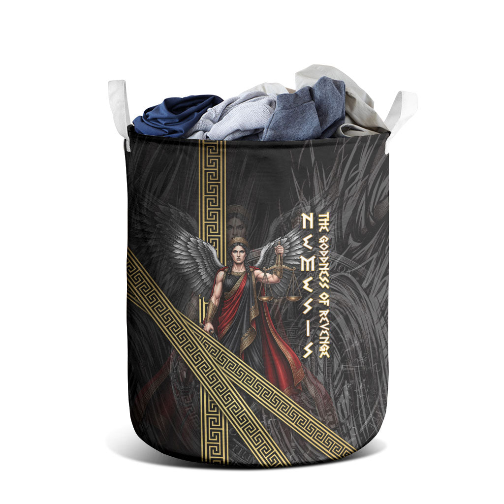 Nemesis Goddess Of Revenge Laundry Basket Winged Nemesis Scales Of Justice - Gold Greek Key