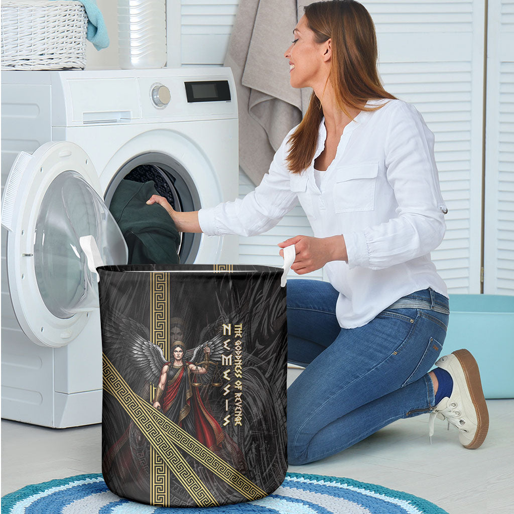 Nemesis Goddess Of Revenge Laundry Basket Winged Nemesis Scales Of Justice - Gold Greek Key