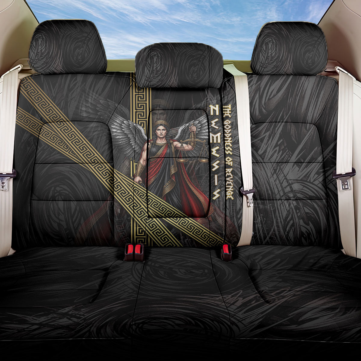 Nemesis Goddess Of Revenge Back Car Seat Cover Winged Nemesis Scales Of Justice - Gold Greek Key