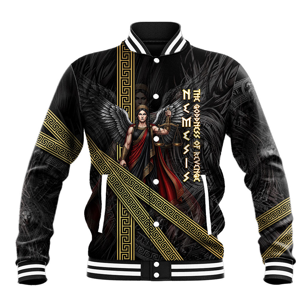 Nemesis Goddess Of Revenge Baseball Jacket Winged Nemesis Scales Of Justice - Gold Greek Key