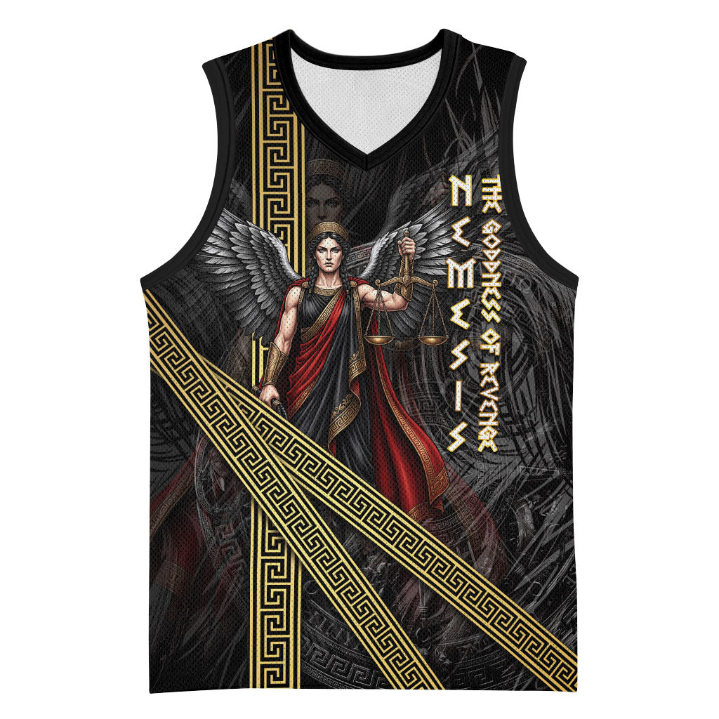 Nemesis Goddess Of Revenge Basketball Jersey Winged Nemesis Scales Of Justice - Gold Greek Key