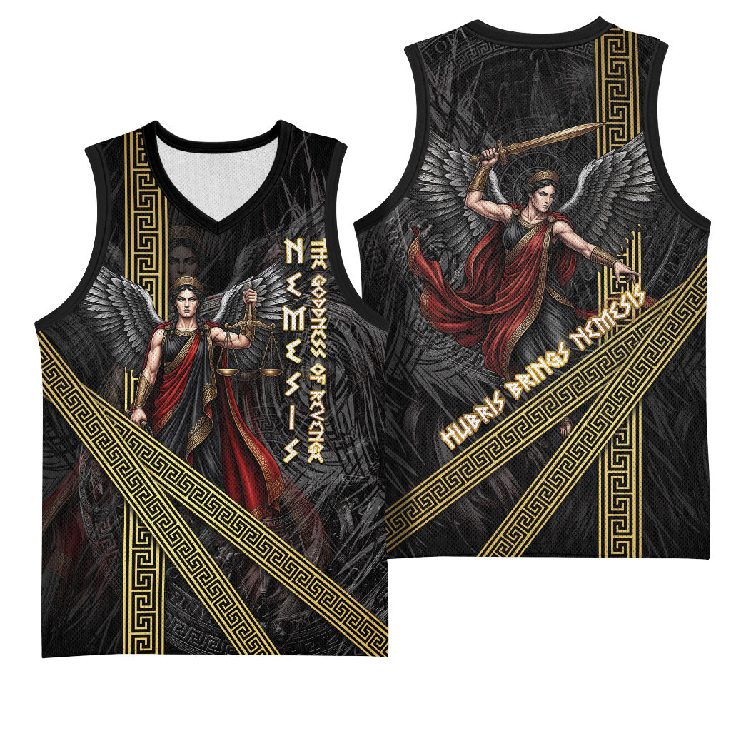 Nemesis Goddess Of Revenge Basketball Jersey Winged Nemesis Scales Of Justice - Gold Greek Key