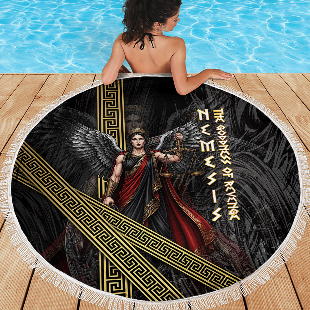Nemesis Goddess Of Revenge Beach Blanket Winged Nemesis Scales Of Justice - Gold Greek Key