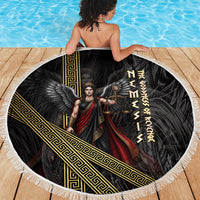 Nemesis Goddess Of Revenge Beach Blanket Winged Nemesis Scales Of Justice - Gold Greek Key