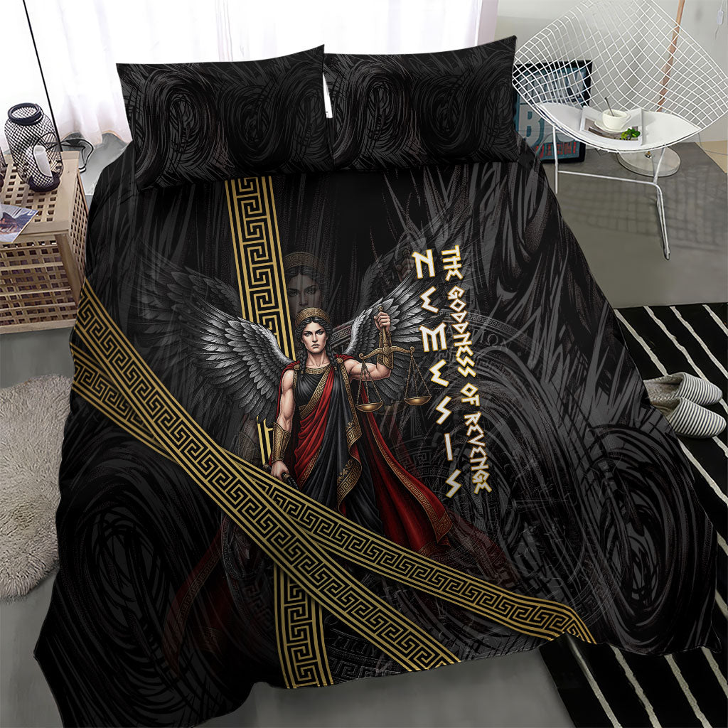 Nemesis Goddess Of Revenge Bedding Set Winged Nemesis Scales Of Justice - Gold Greek Key