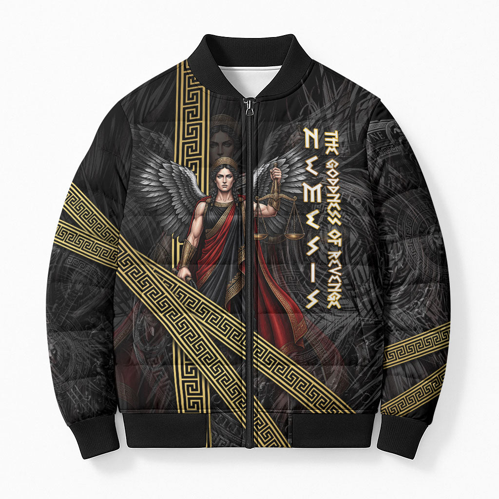 Nemesis Goddess Of Revenge Bomber Puffer Jacket Winged Nemesis Scales Of Justice - Gold Greek Key