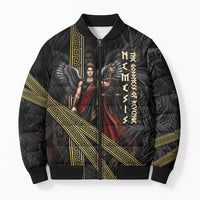 Nemesis Goddess Of Revenge Bomber Puffer Jacket Winged Nemesis Scales Of Justice - Gold Greek Key