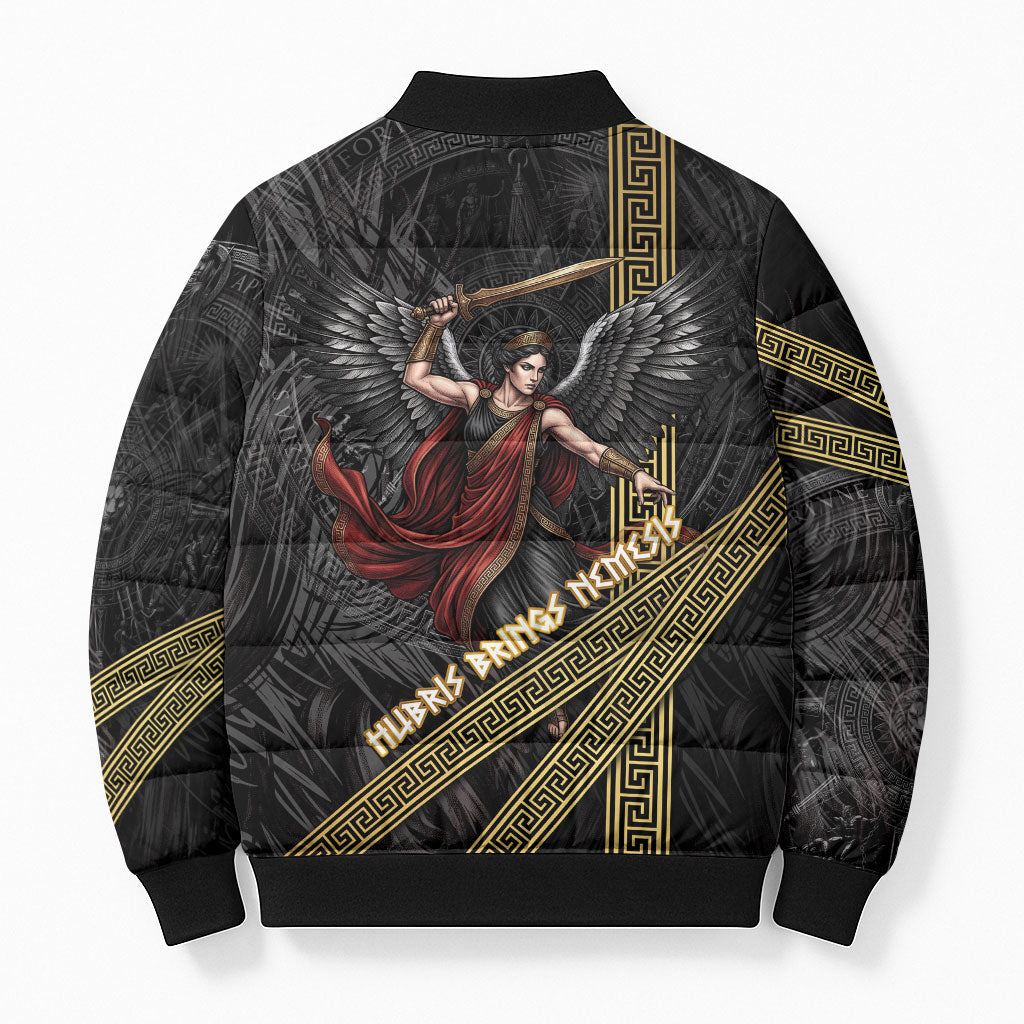 Nemesis Goddess Of Revenge Bomber Puffer Jacket Winged Nemesis Scales Of Justice - Gold Greek Key