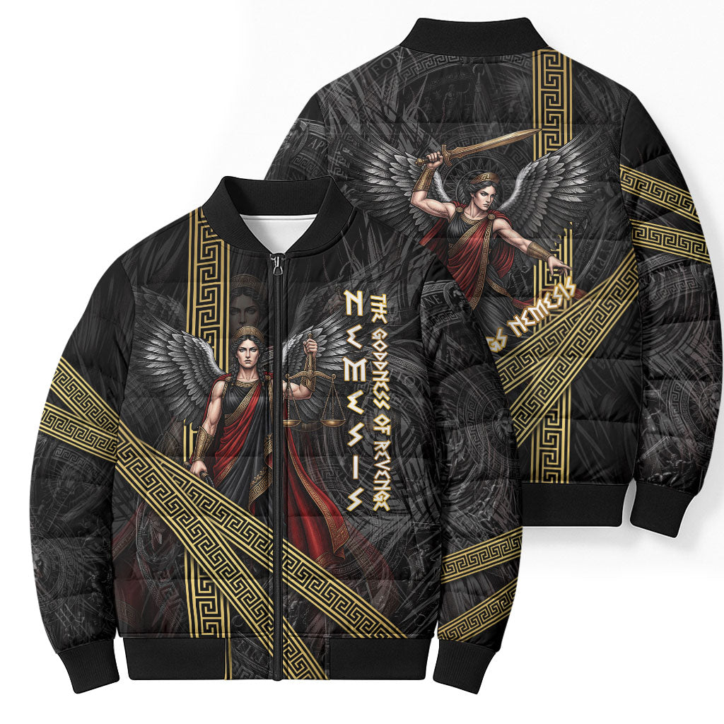 Nemesis Goddess Of Revenge Bomber Puffer Jacket Winged Nemesis Scales Of Justice - Gold Greek Key