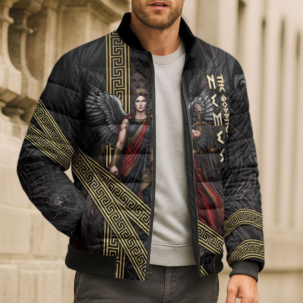 Nemesis Goddess Of Revenge Bomber Puffer Jacket Winged Nemesis Scales Of Justice - Gold Greek Key