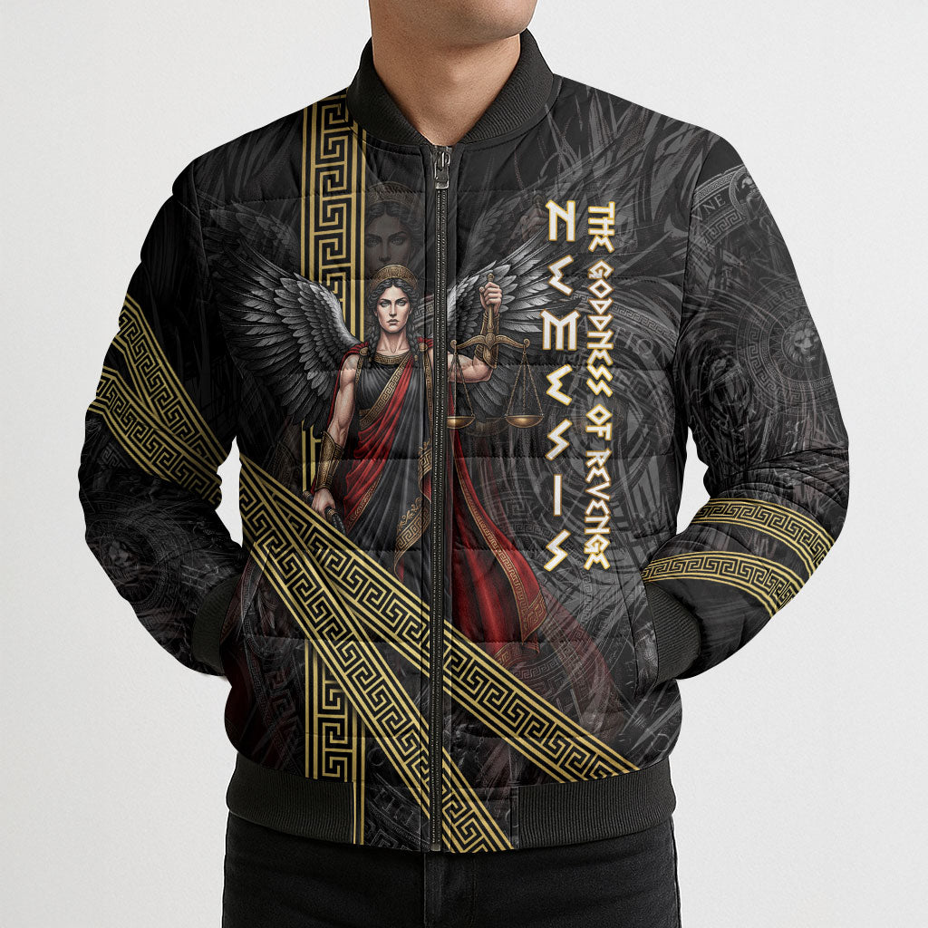 Nemesis Goddess Of Revenge Bomber Puffer Jacket Winged Nemesis Scales Of Justice - Gold Greek Key