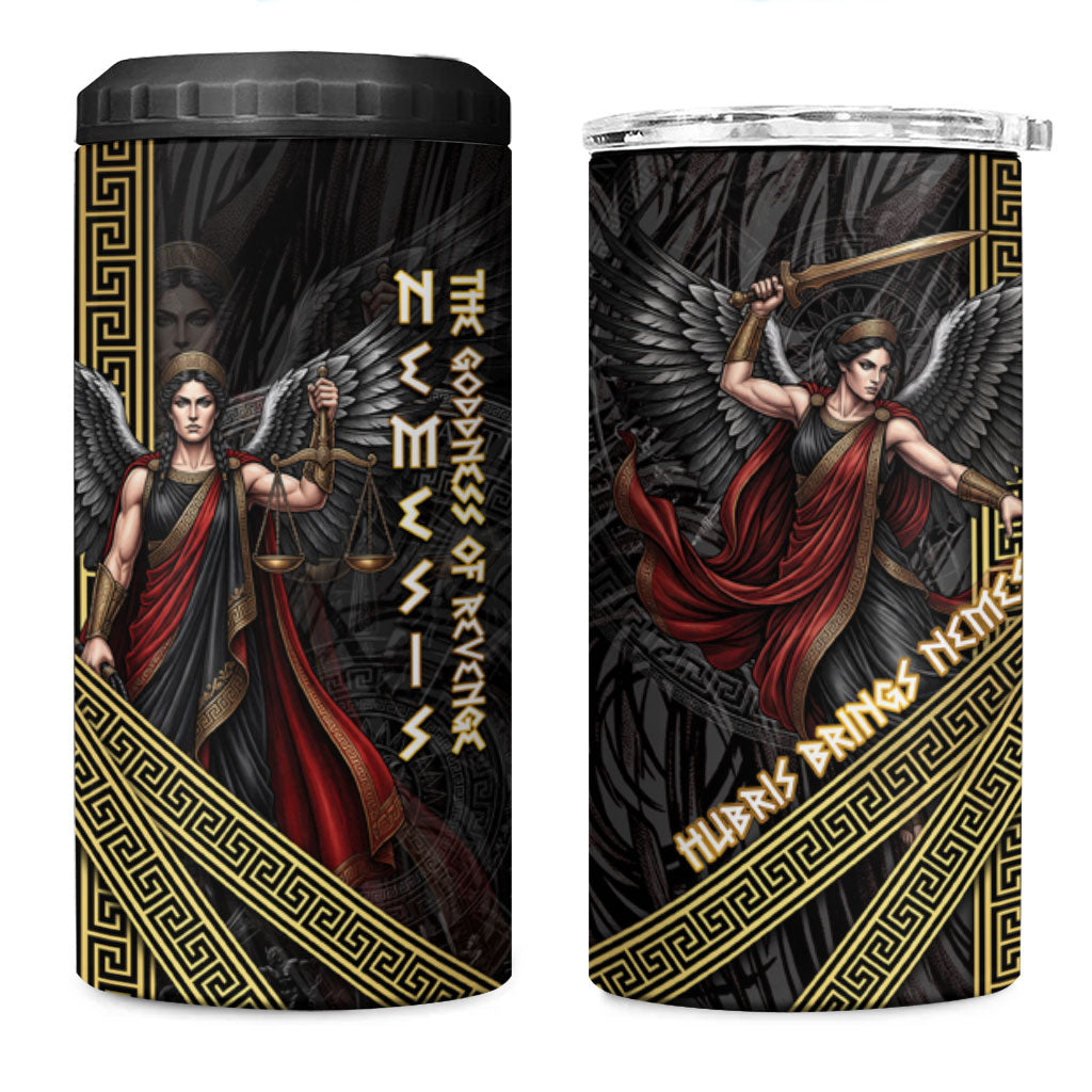 Nemesis Goddess Of Revenge 4 in 1 Can Cooler Tumbler Winged Nemesis Scales Of Justice - Gold Greek Key