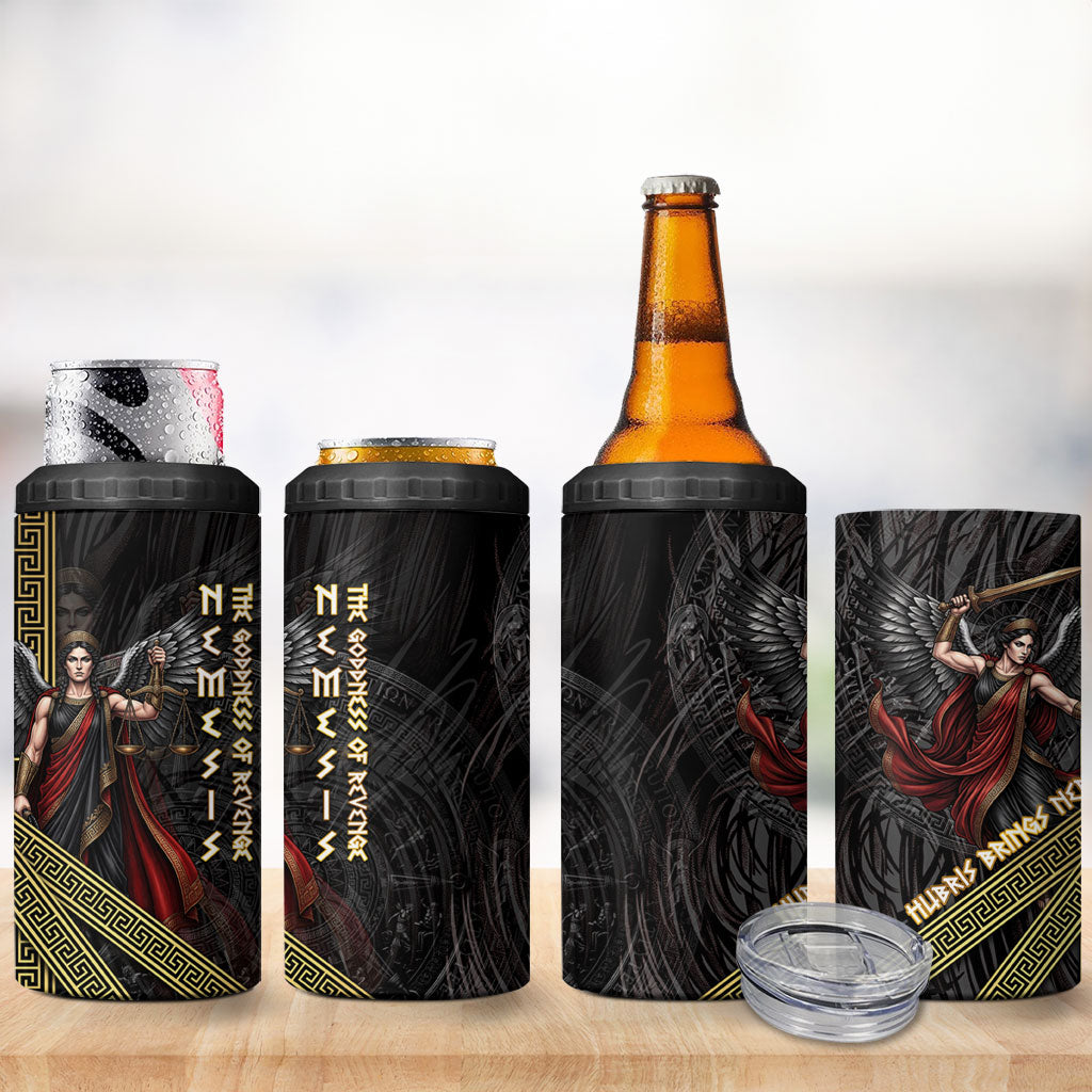 Nemesis Goddess Of Revenge 4 in 1 Can Cooler Tumbler Winged Nemesis Scales Of Justice - Gold Greek Key