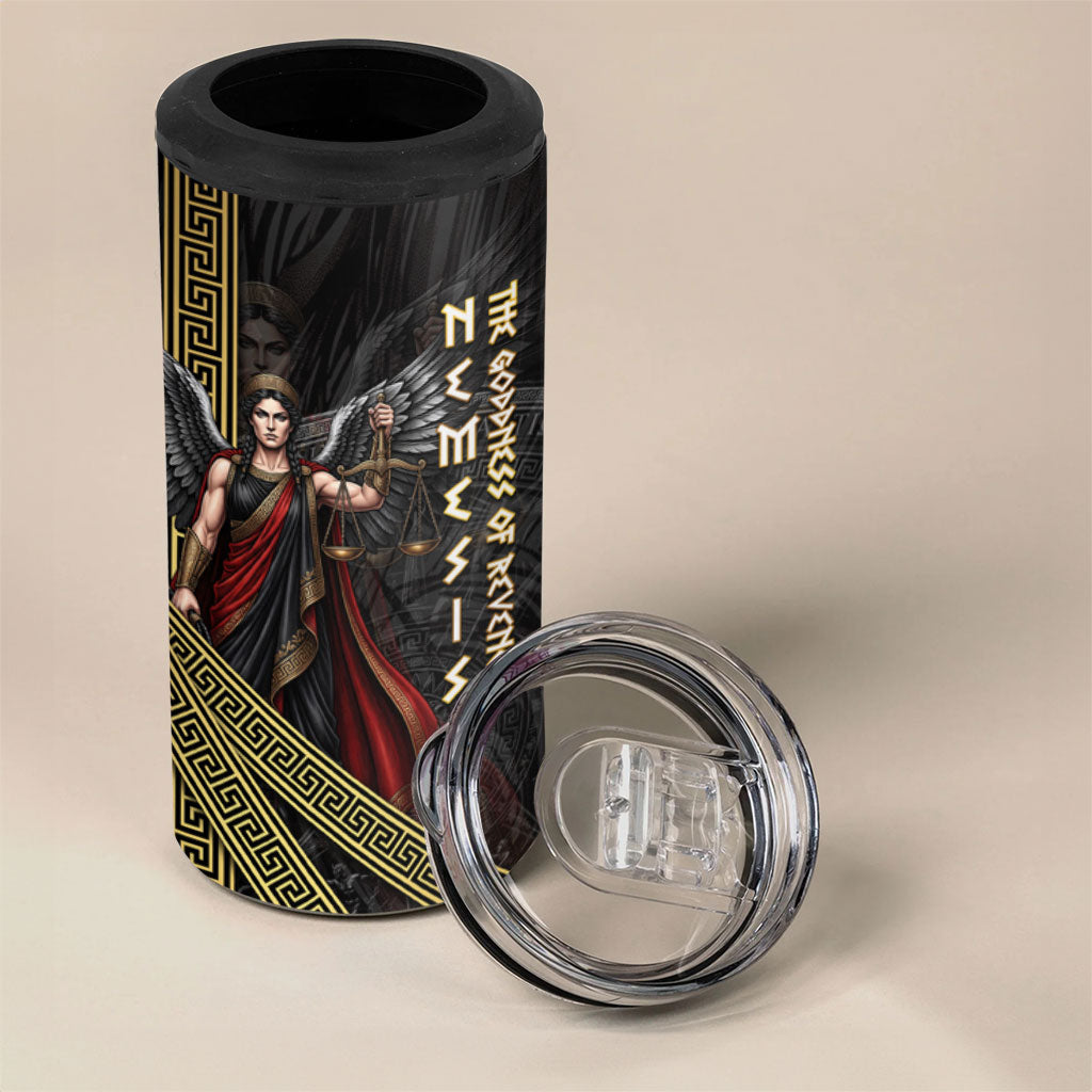 Nemesis Goddess Of Revenge 4 in 1 Can Cooler Tumbler Winged Nemesis Scales Of Justice - Gold Greek Key