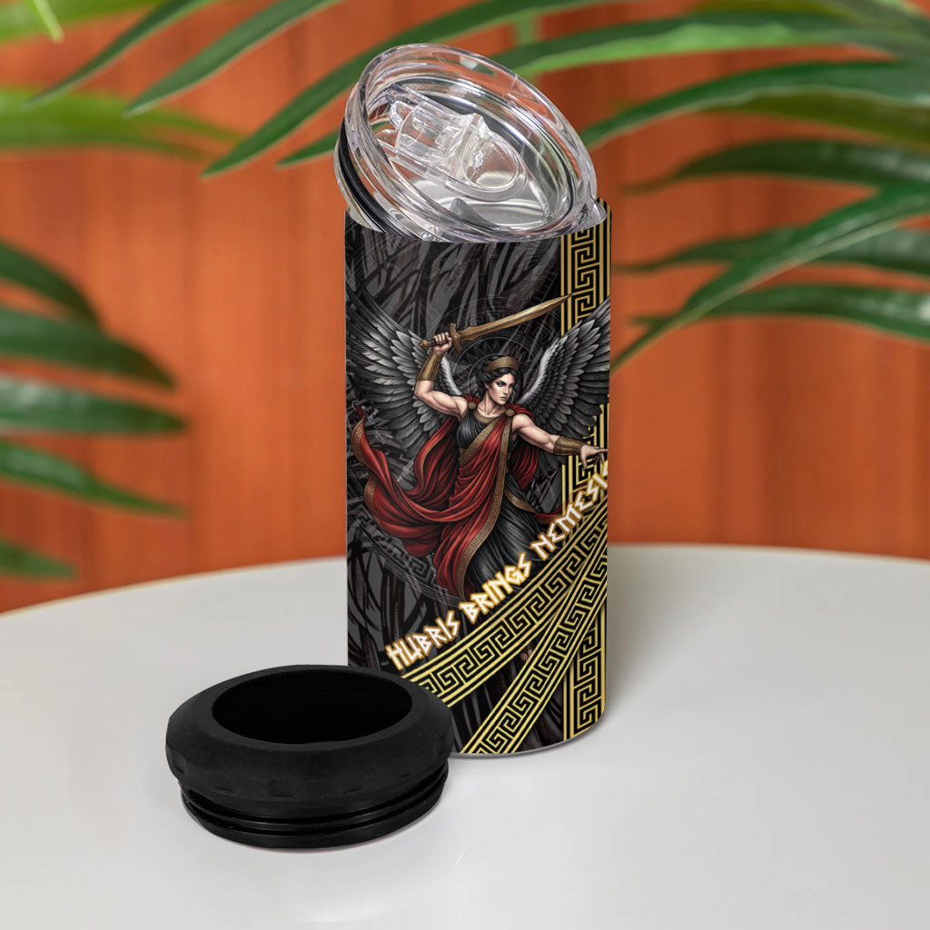 Nemesis Goddess Of Revenge 4 in 1 Can Cooler Tumbler Winged Nemesis Scales Of Justice - Gold Greek Key