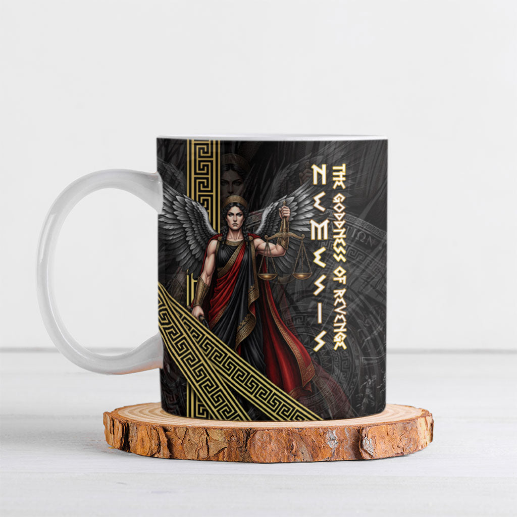 Nemesis Goddess Of Revenge Ceramic Mug Winged Nemesis Scales Of Justice - Gold Greek Key
