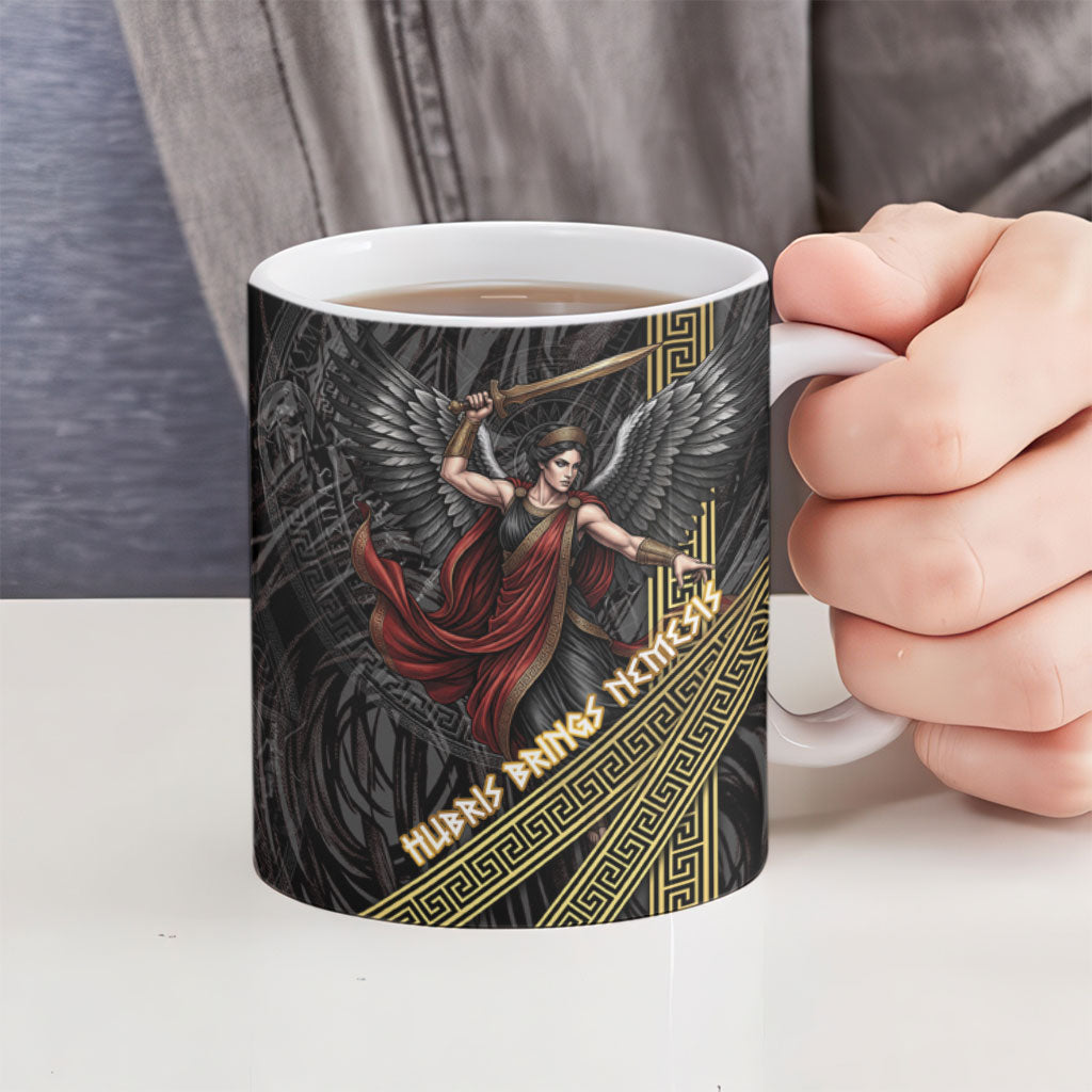 Nemesis Goddess Of Revenge Ceramic Mug Winged Nemesis Scales Of Justice - Gold Greek Key