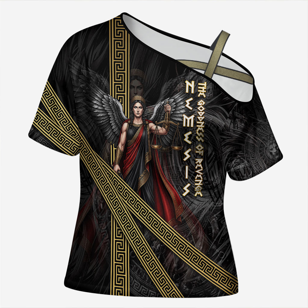 Nemesis Goddess Of Revenge Cross Shoulder Shirt Winged Nemesis Scales Of Justice - Gold Greek Key