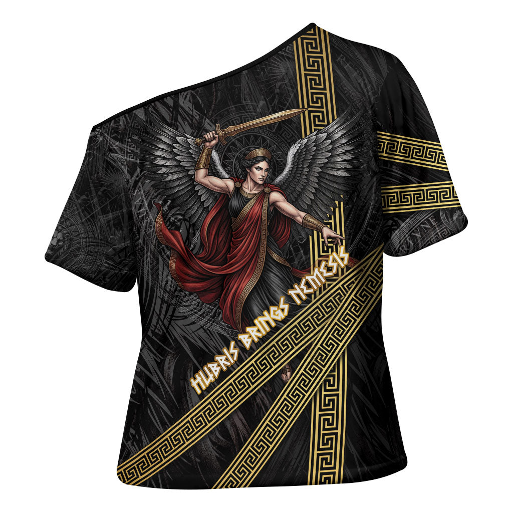 Nemesis Goddess Of Revenge Cross Shoulder Shirt Winged Nemesis Scales Of Justice - Gold Greek Key