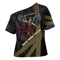 Nemesis Goddess Of Revenge Cross Shoulder Shirt Winged Nemesis Scales Of Justice - Gold Greek Key