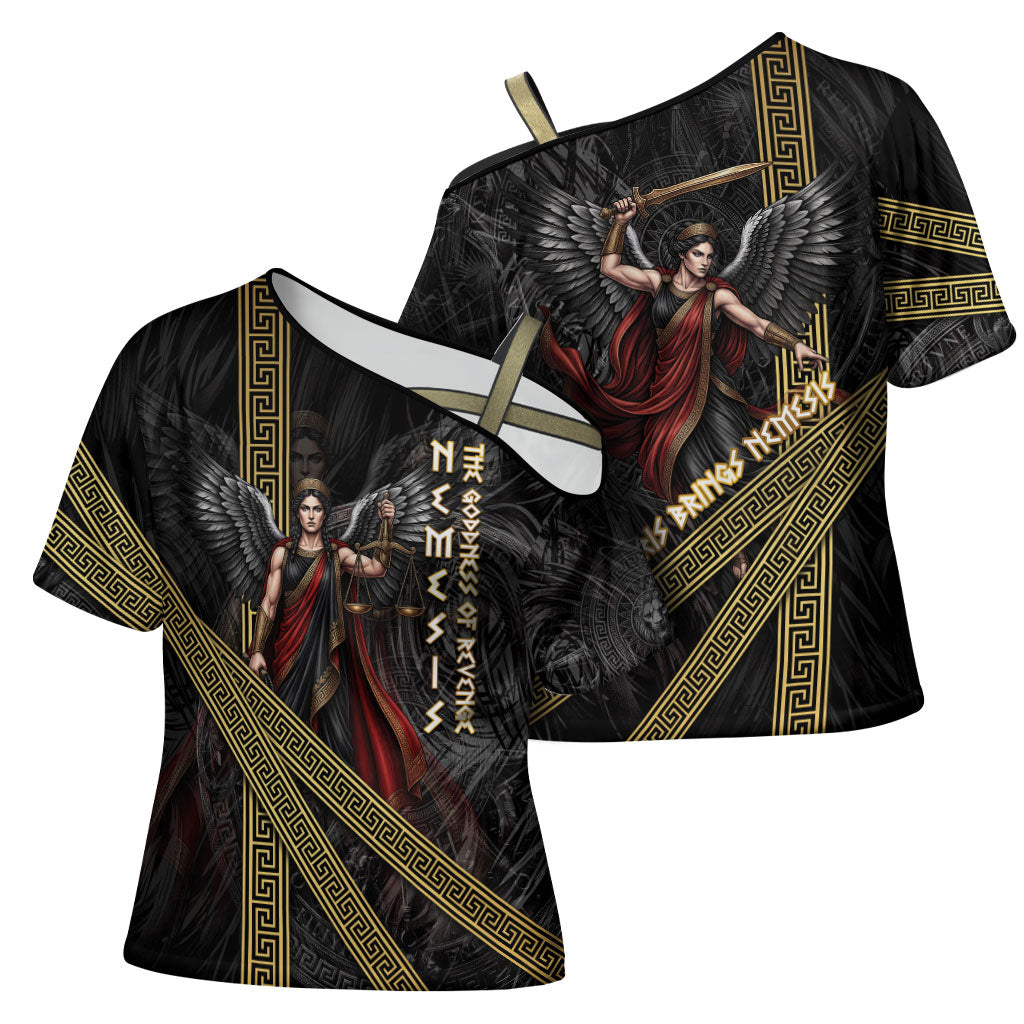 Nemesis Goddess Of Revenge Cross Shoulder Shirt Winged Nemesis Scales Of Justice - Gold Greek Key