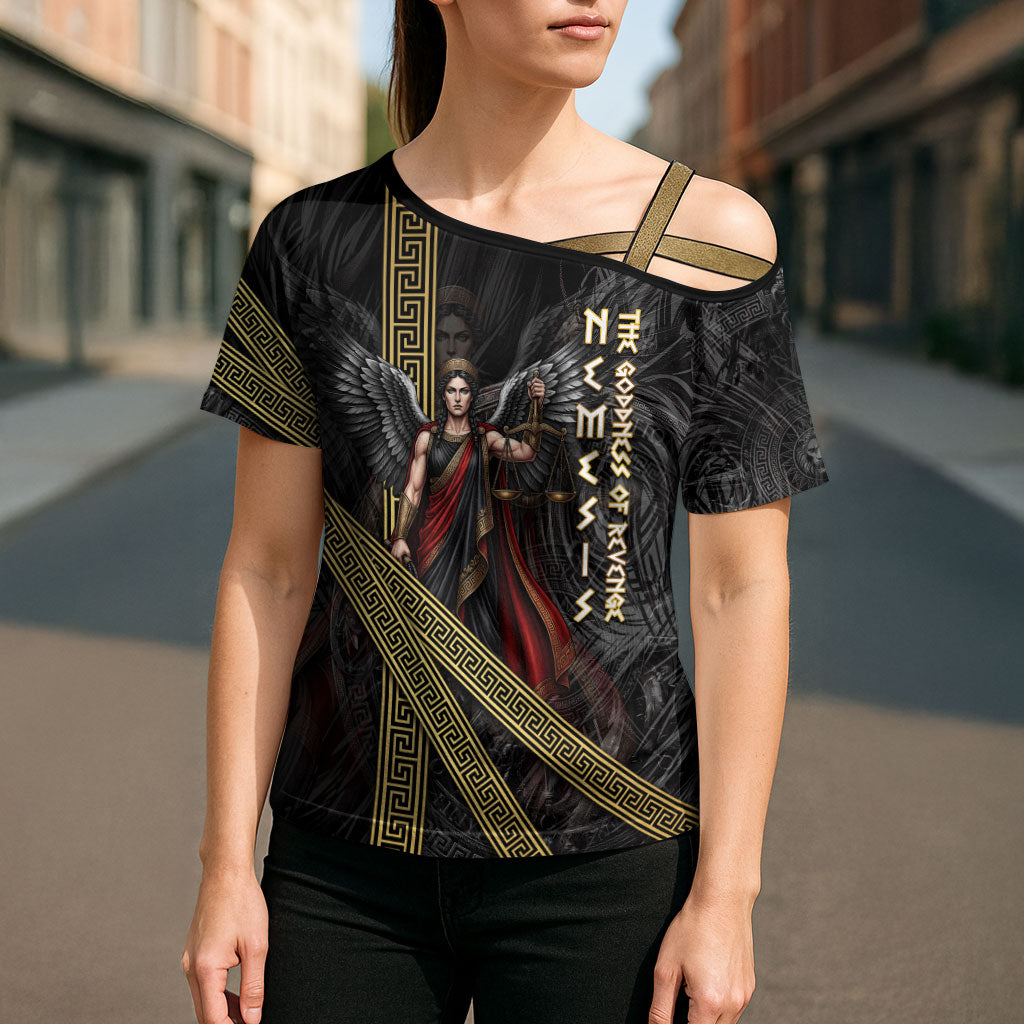 Nemesis Goddess Of Revenge Cross Shoulder Shirt Winged Nemesis Scales Of Justice - Gold Greek Key