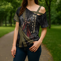 Nemesis Goddess Of Revenge Cross Shoulder Shirt Winged Nemesis Scales Of Justice - Gold Greek Key