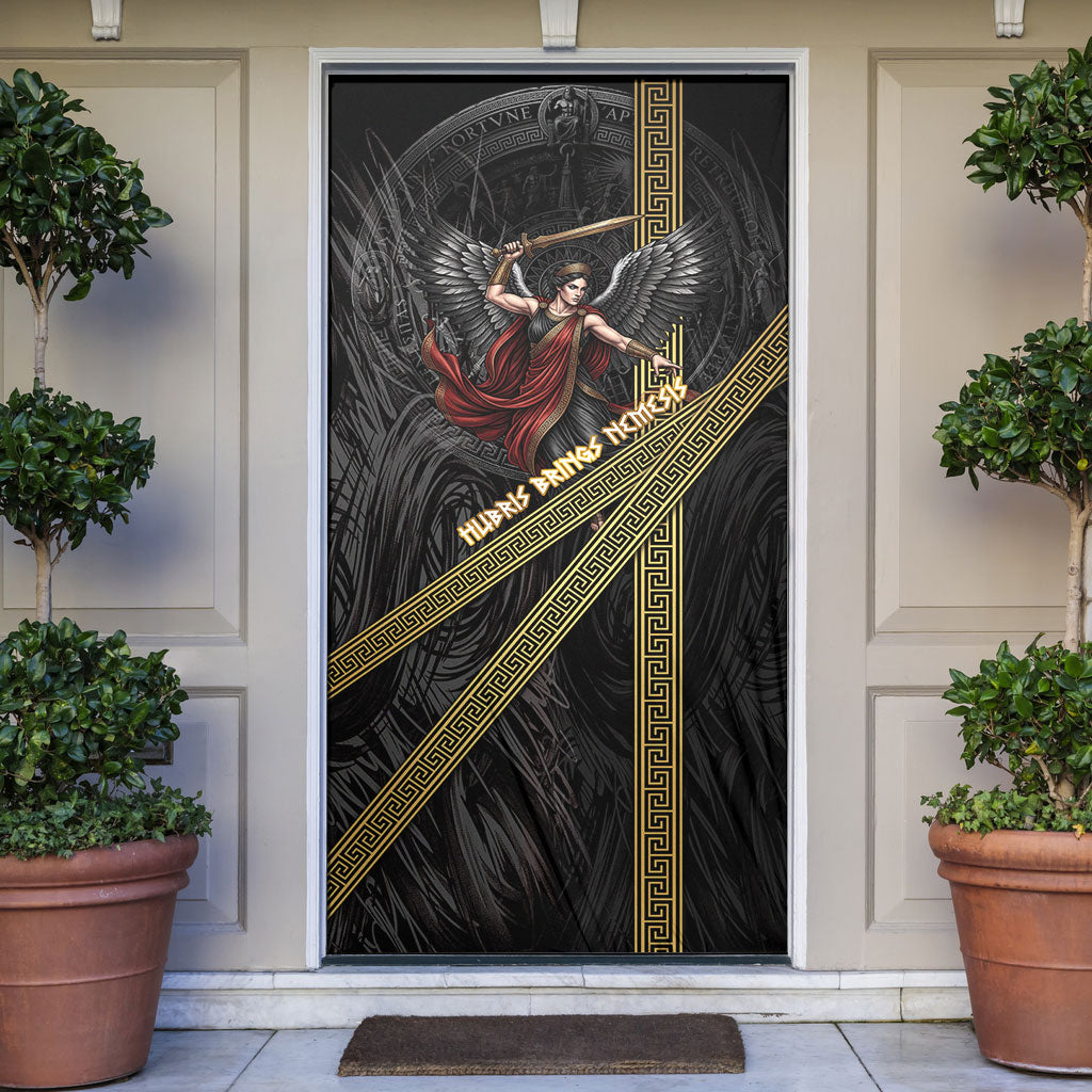 Nemesis Goddess Of Revenge Door Cover Winged Nemesis Scales Of Justice - Gold Greek Key