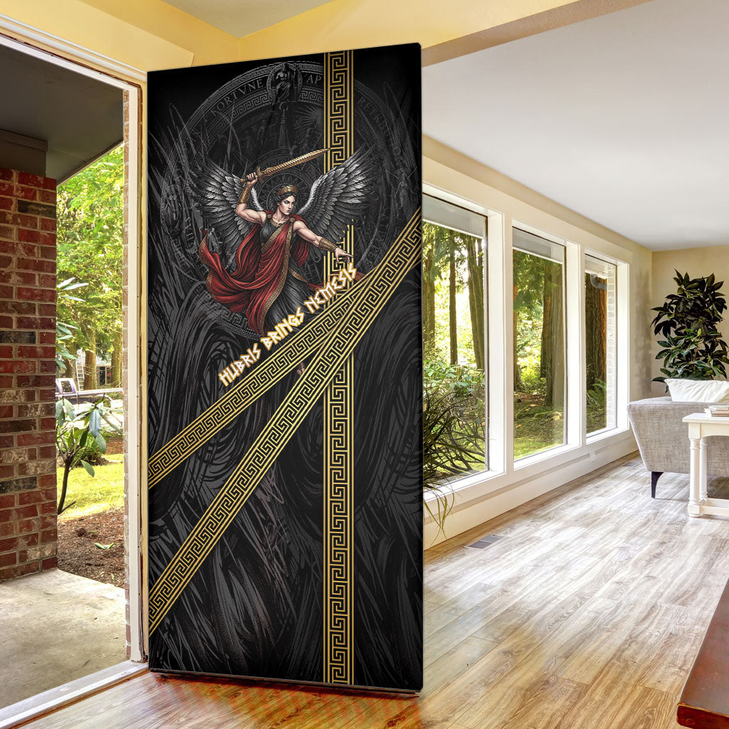 Nemesis Goddess Of Revenge Door Cover Winged Nemesis Scales Of Justice - Gold Greek Key
