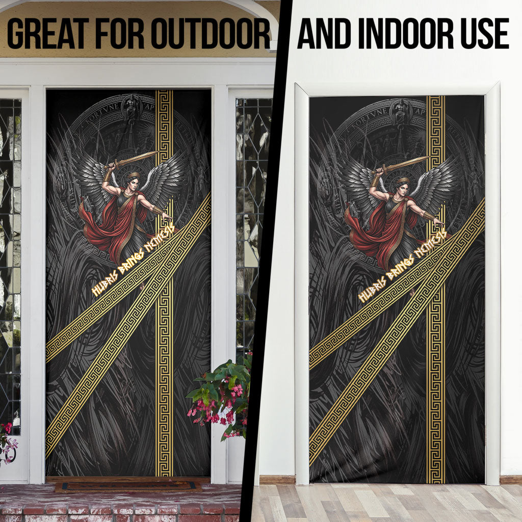 Nemesis Goddess Of Revenge Door Cover Winged Nemesis Scales Of Justice - Gold Greek Key