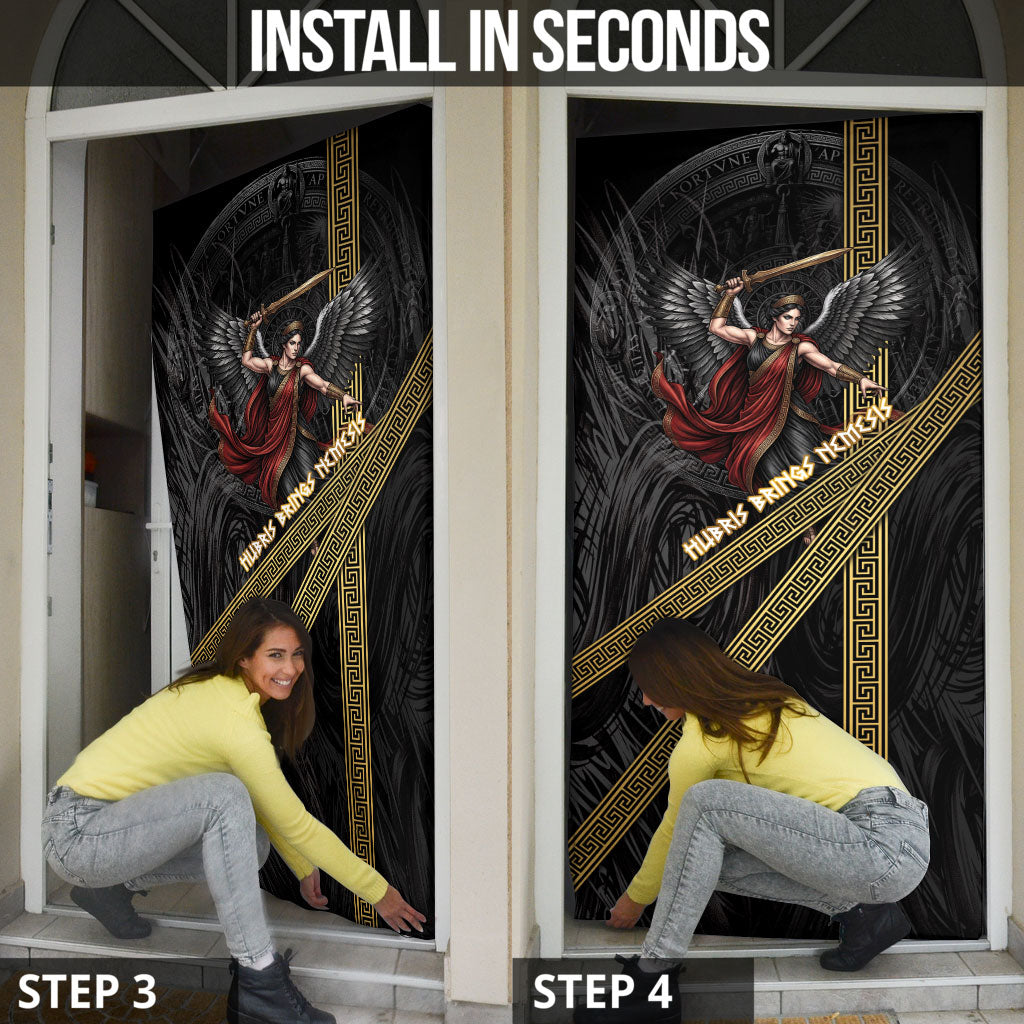 Nemesis Goddess Of Revenge Door Cover Winged Nemesis Scales Of Justice - Gold Greek Key