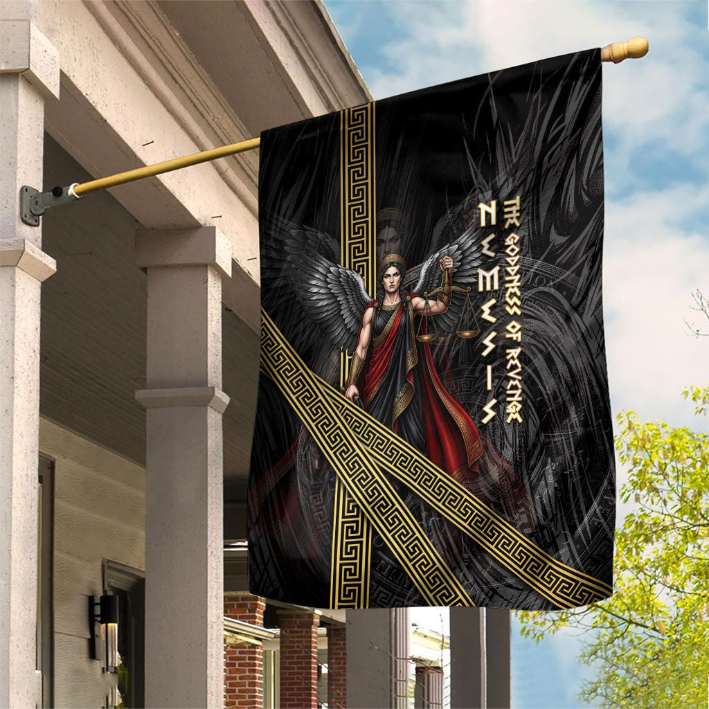 Nemesis Goddess Of Revenge Garden Flag Winged Nemesis Scales Of Justice - Gold Greek Key