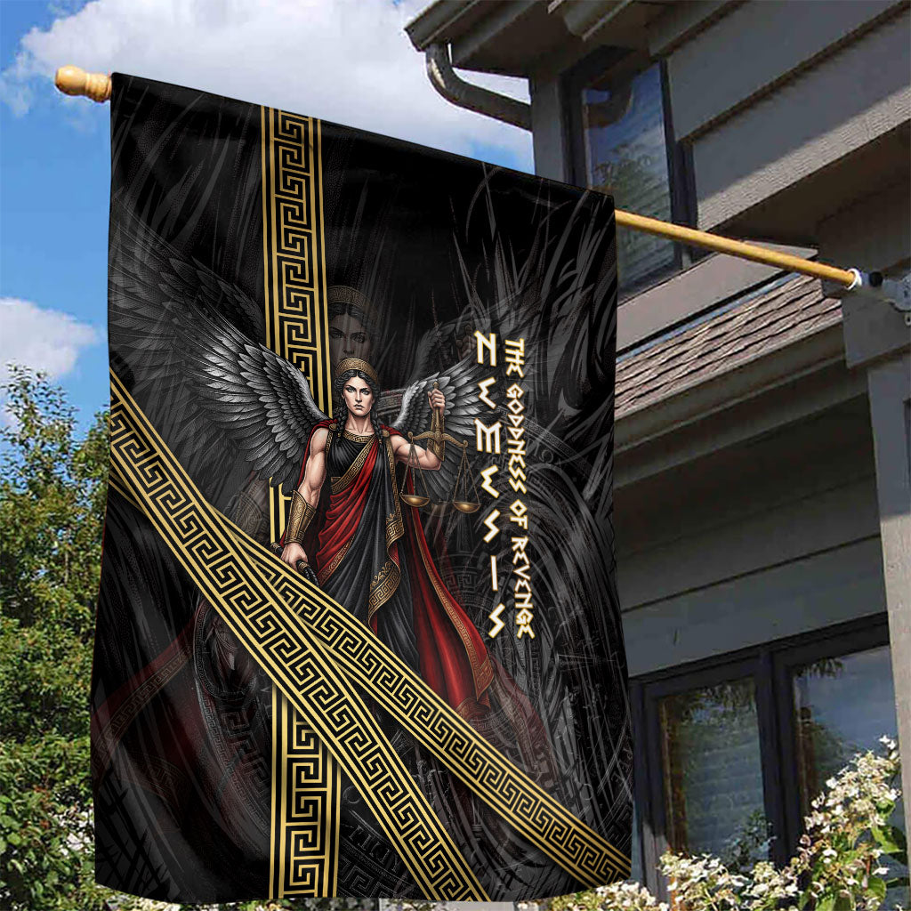 Nemesis Goddess Of Revenge Garden Flag Winged Nemesis Scales Of Justice - Gold Greek Key
