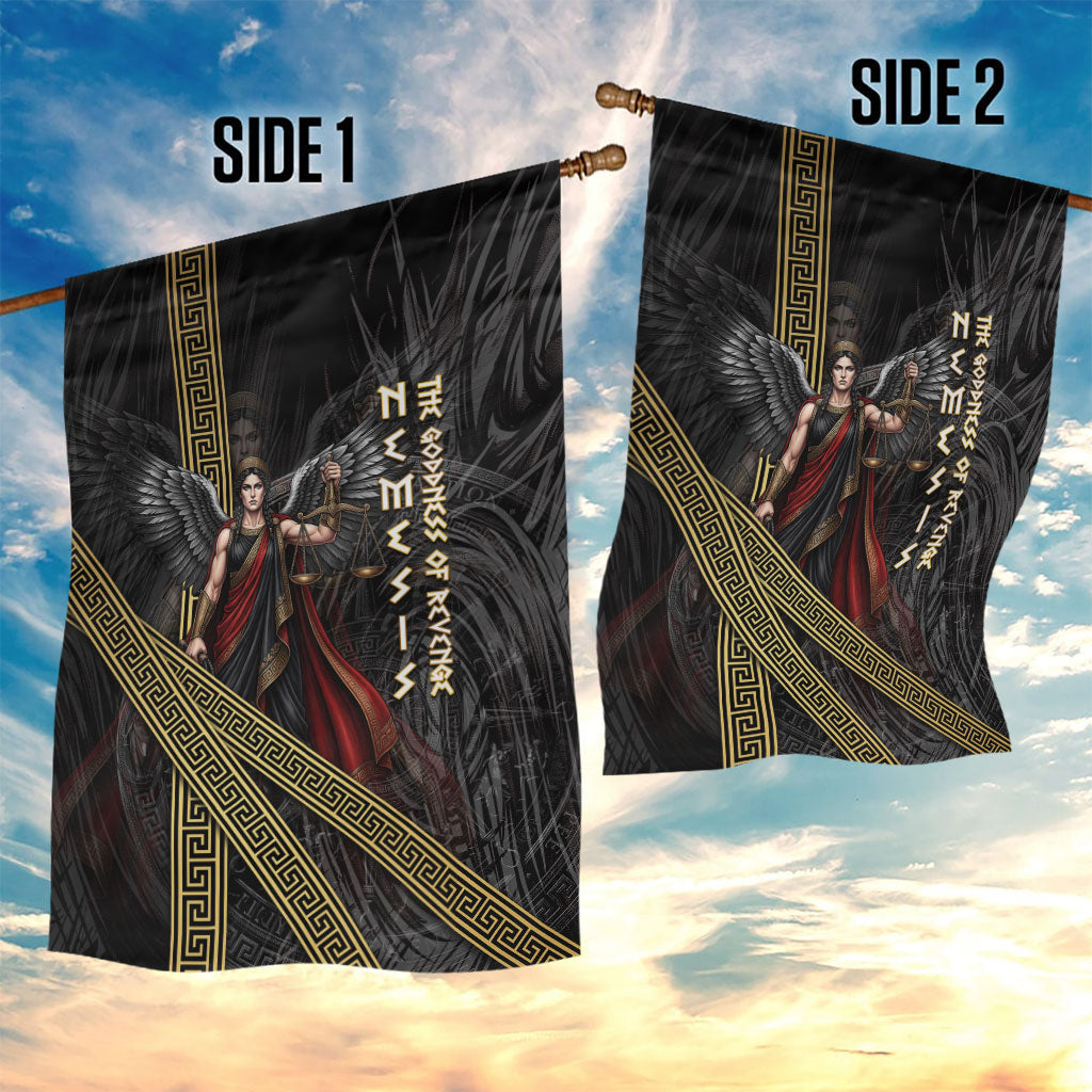 Nemesis Goddess Of Revenge Garden Flag Winged Nemesis Scales Of Justice - Gold Greek Key