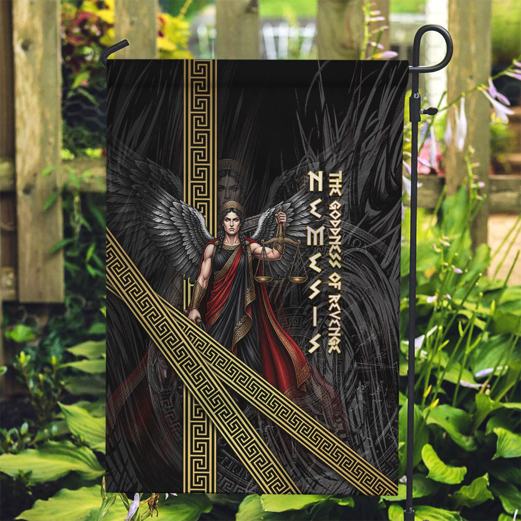 Nemesis Goddess Of Revenge Garden Flag Winged Nemesis Scales Of Justice - Gold Greek Key