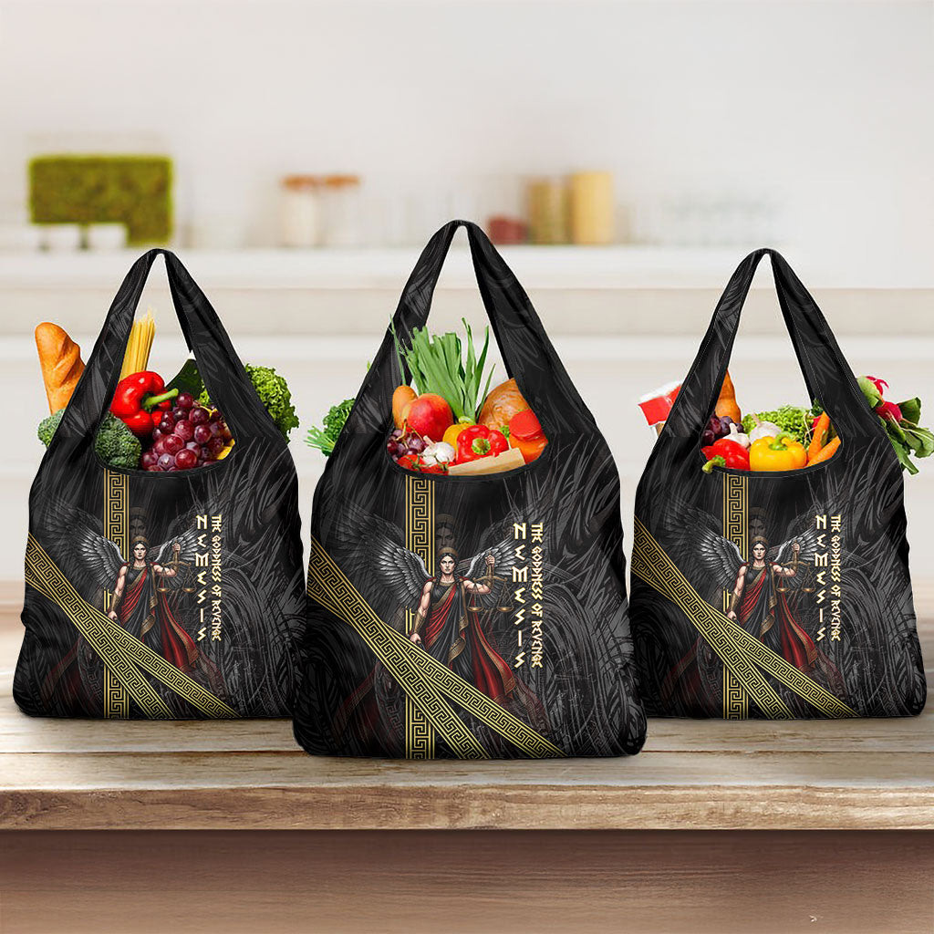 Nemesis Goddess Of Revenge Grocery Bag Winged Nemesis Scales Of Justice - Gold Greek Key