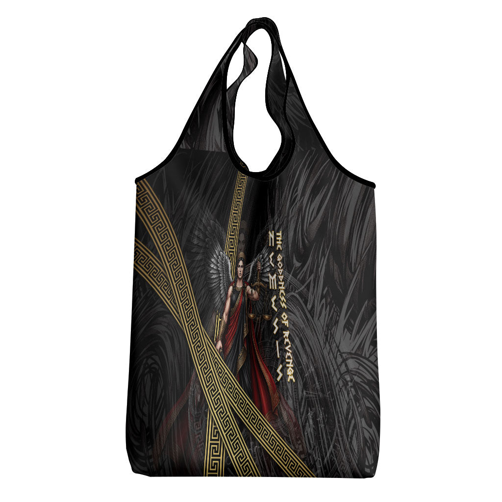 Nemesis Goddess Of Revenge Grocery Bag Winged Nemesis Scales Of Justice - Gold Greek Key
