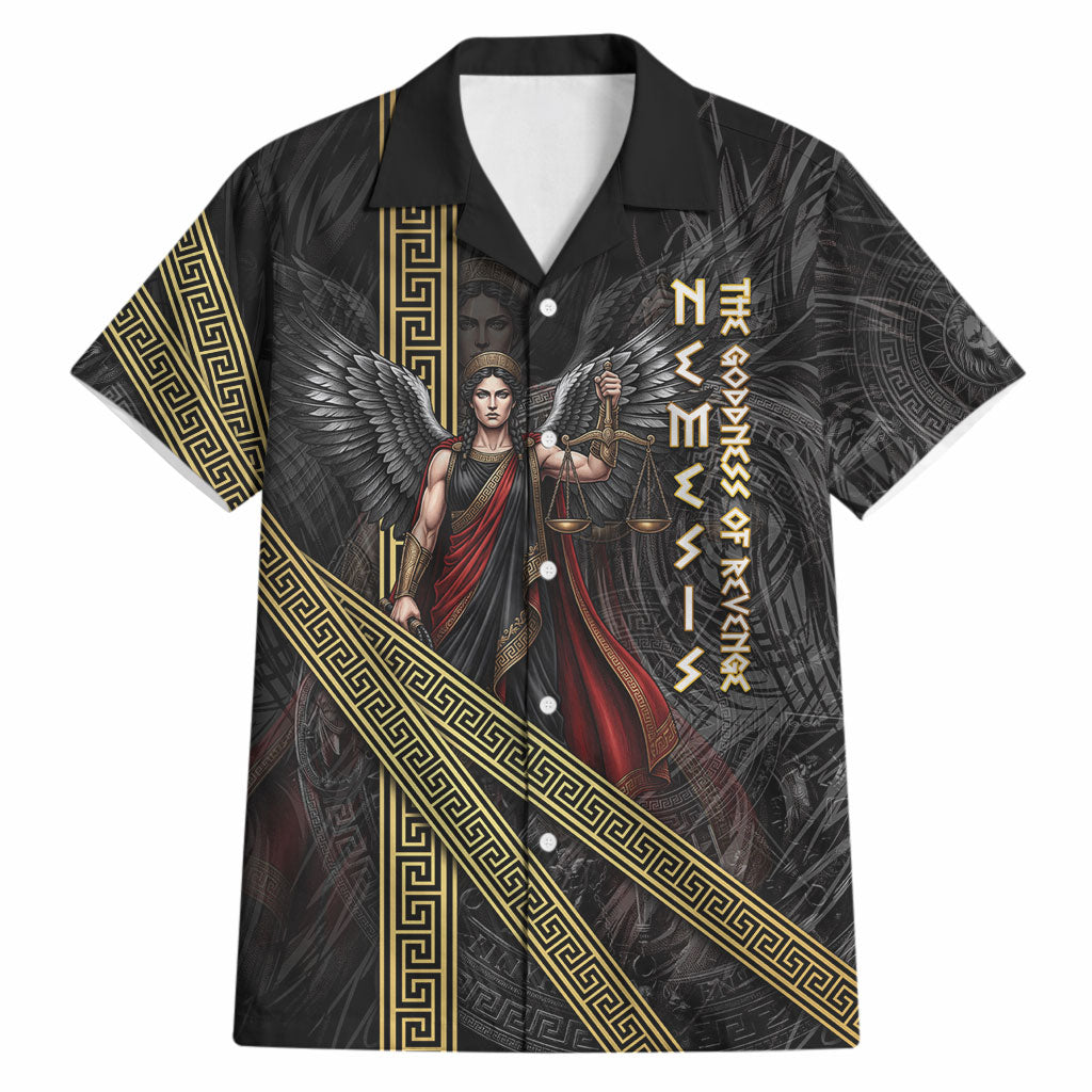 Nemesis Goddess Of Revenge Hawaiian Shirt Winged Nemesis Scales Of Justice - Gold Greek Key