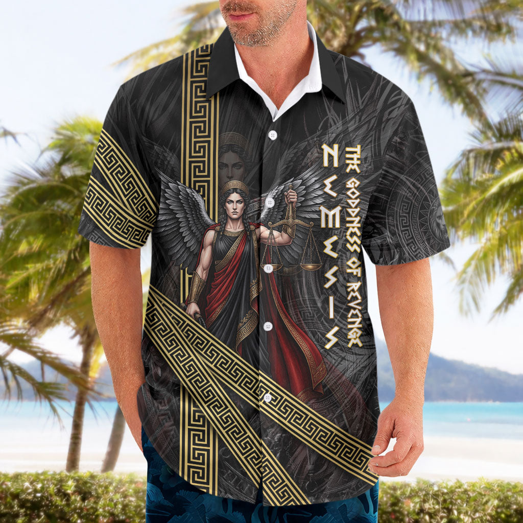 Nemesis Goddess Of Revenge Hawaiian Shirt Winged Nemesis Scales Of Justice - Gold Greek Key