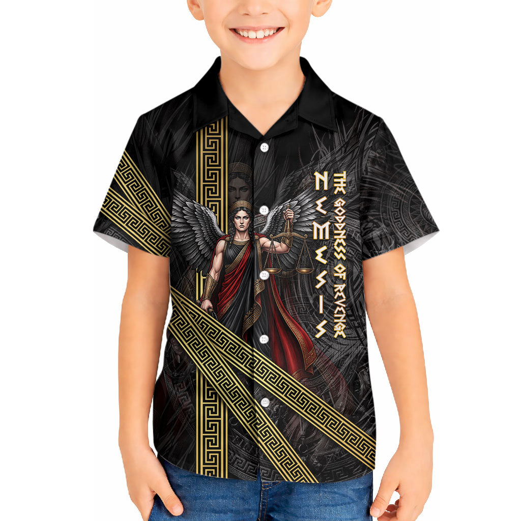 Nemesis Goddess Of Revenge Hawaiian Shirt Winged Nemesis Scales Of Justice - Gold Greek Key