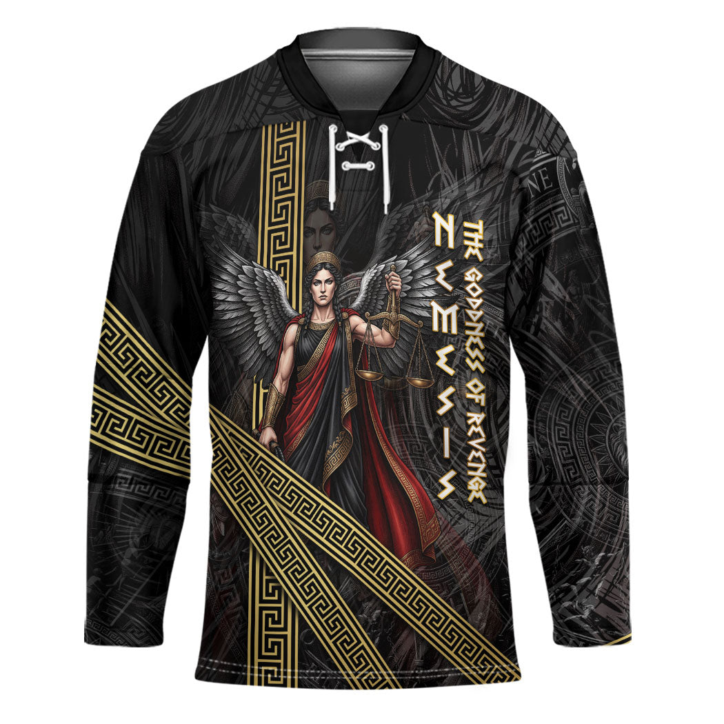 Nemesis Goddess Of Revenge Hockey Jersey Winged Nemesis Scales Of Justice - Gold Greek Key