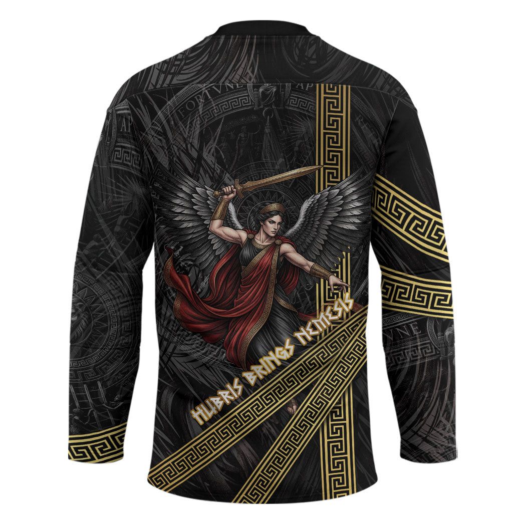 Nemesis Goddess Of Revenge Hockey Jersey Winged Nemesis Scales Of Justice - Gold Greek Key