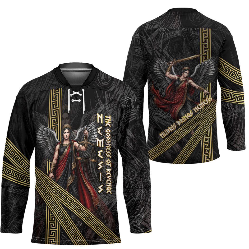 Nemesis Goddess Of Revenge Hockey Jersey Winged Nemesis Scales Of Justice - Gold Greek Key