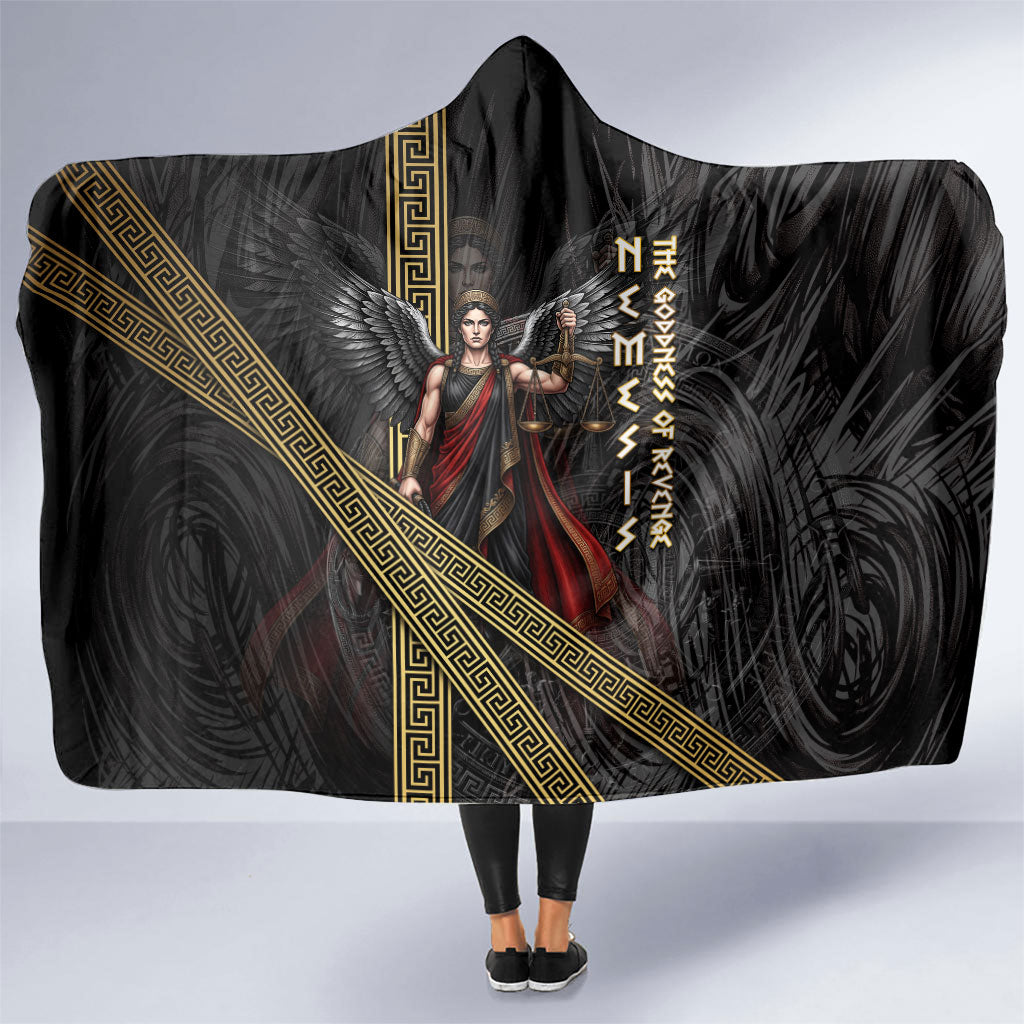 Nemesis Goddess Of Revenge Hooded Blanket Winged Nemesis Scales Of Justice - Gold Greek Key