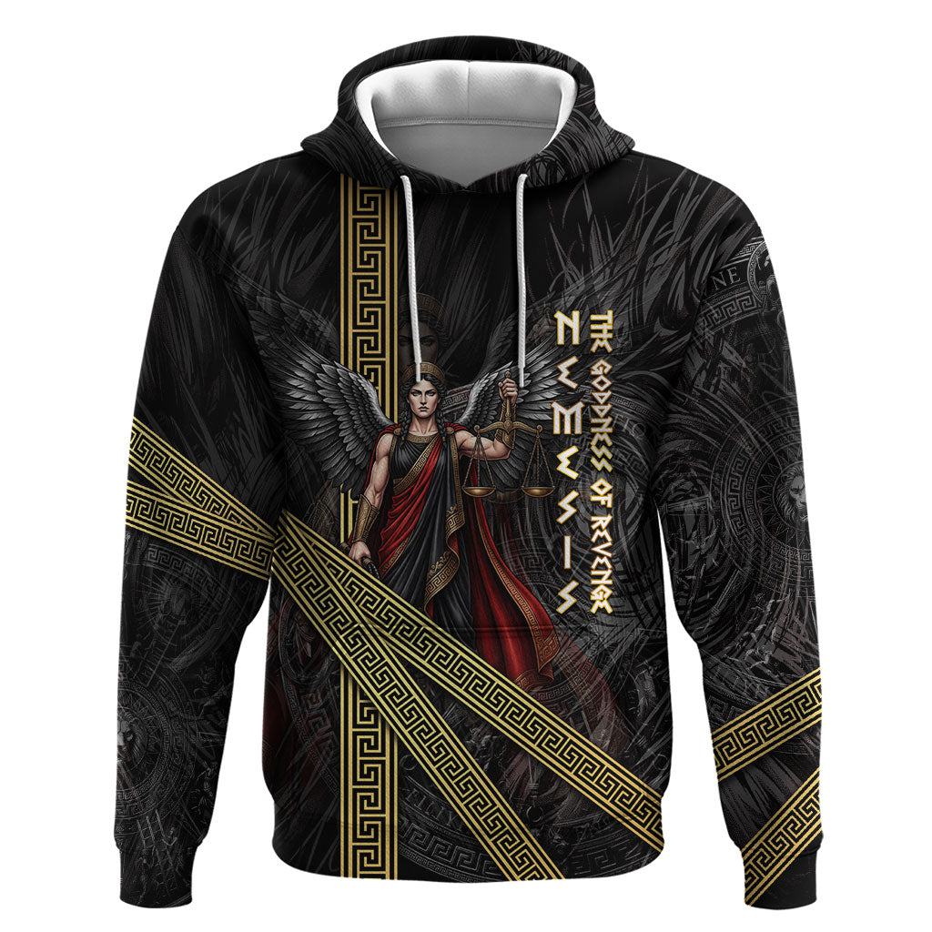 Nemesis Goddess Of Revenge Hoodie Winged Nemesis Scales Of Justice - Gold Greek Key